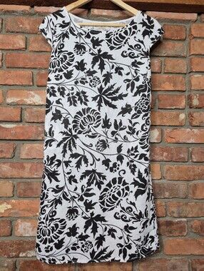 Lina Tomei Italy 100% Linen Floral Shift Dress Stretch Panels Breathable Resort